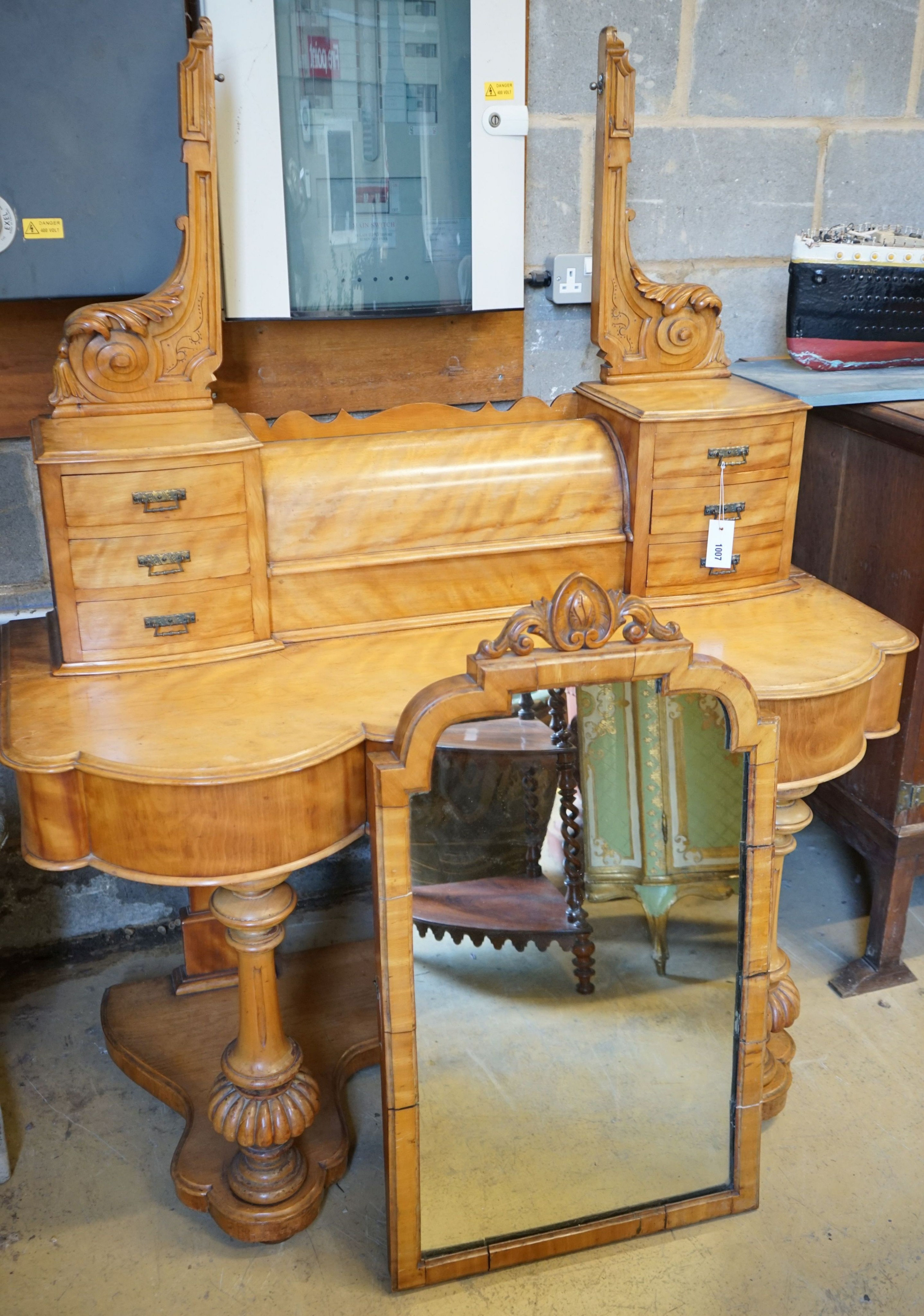 A Victorian satin birch duchess dressing table, width 122cm, depth 55cm, height 195cm